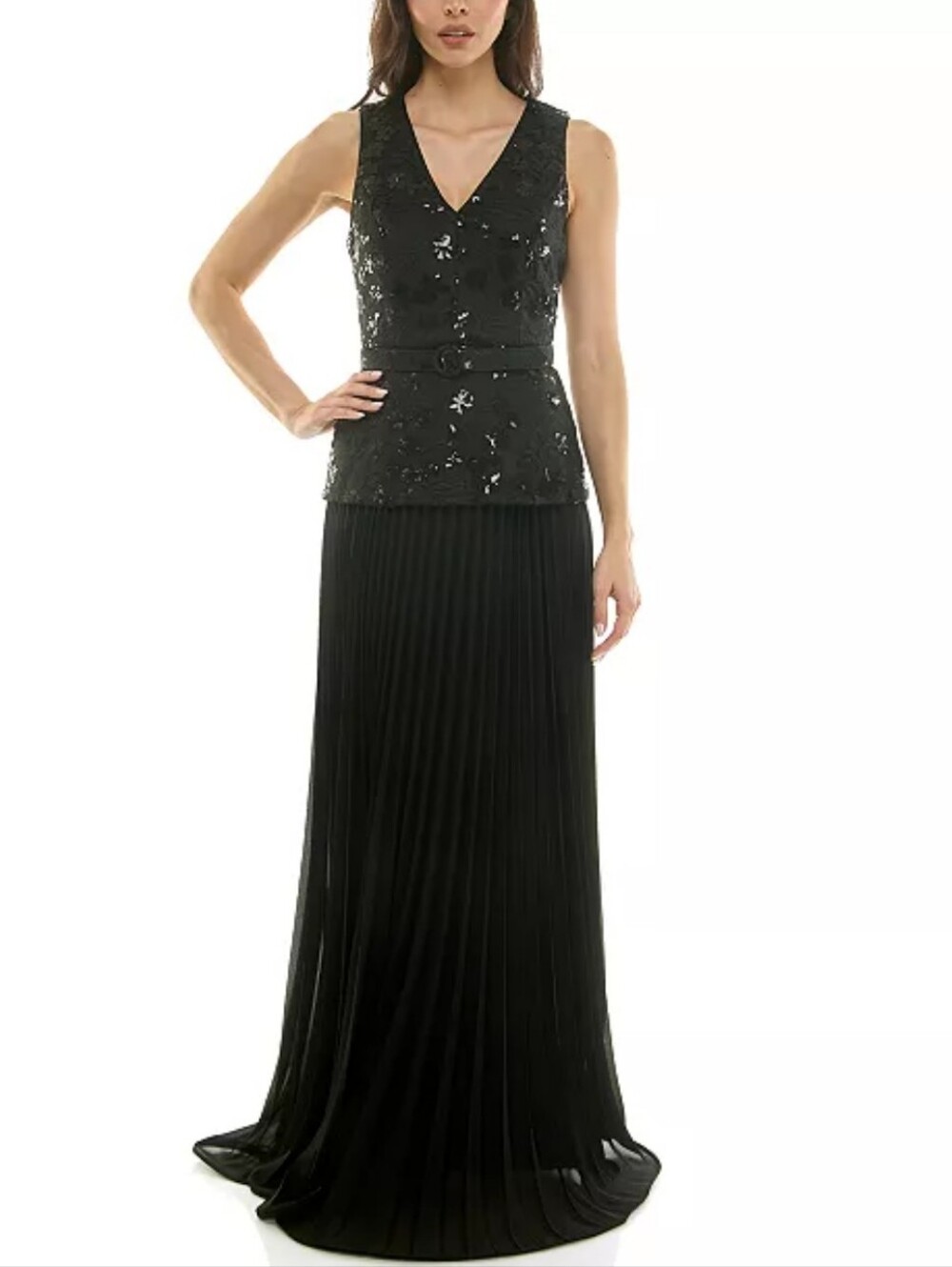 Taylor Women's Blue Drop Waist Sequin V Neck Pleated Skirt Gown